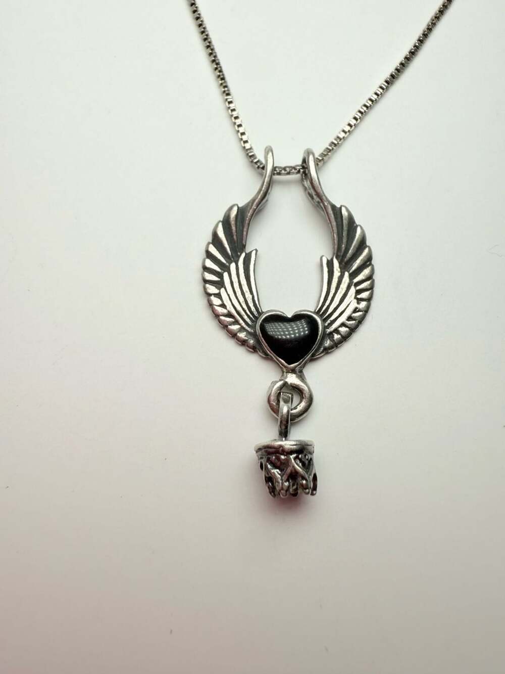 Sterling Silver Winged Black Heart Urn Pendant Necklace